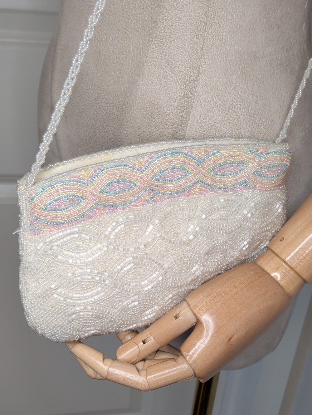 Vintage 50s La Regale Hand Beaded Bag Cream Pink Blue Pastel Cocktail Purse